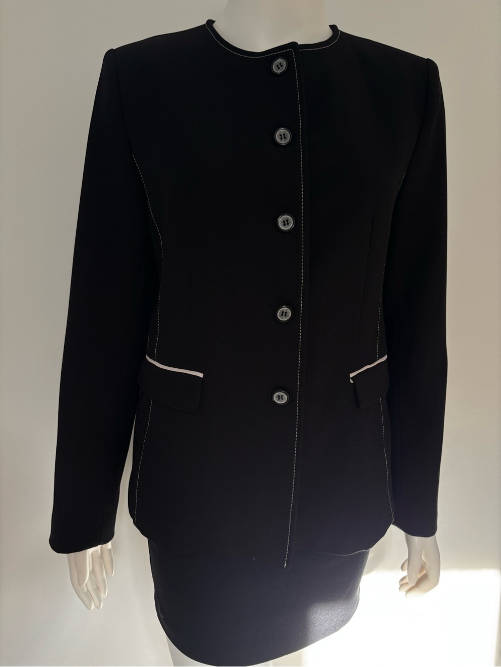 Zara Black Tailored Button Jacket with White Contrast Trim